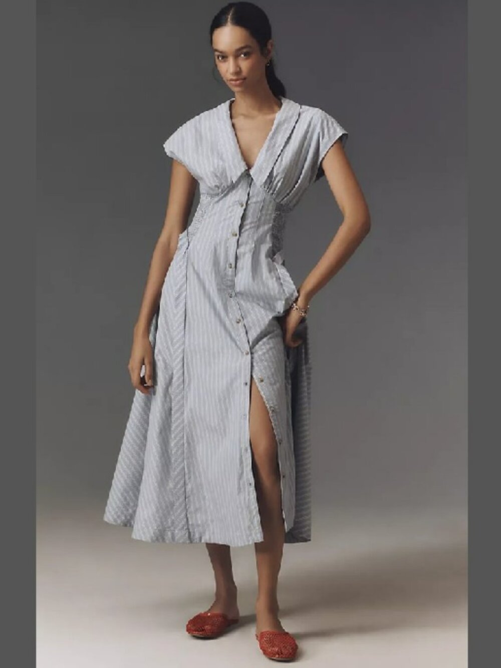 Anthropologie Short-Sleeve V-Neck Pleated Blue White Stripe Midi Dress Sz XS